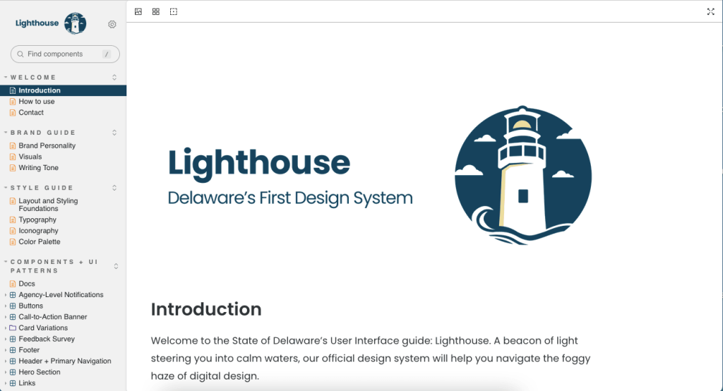 Screenshot of Delaware's Lighthouse design system documentation in Storybook.
